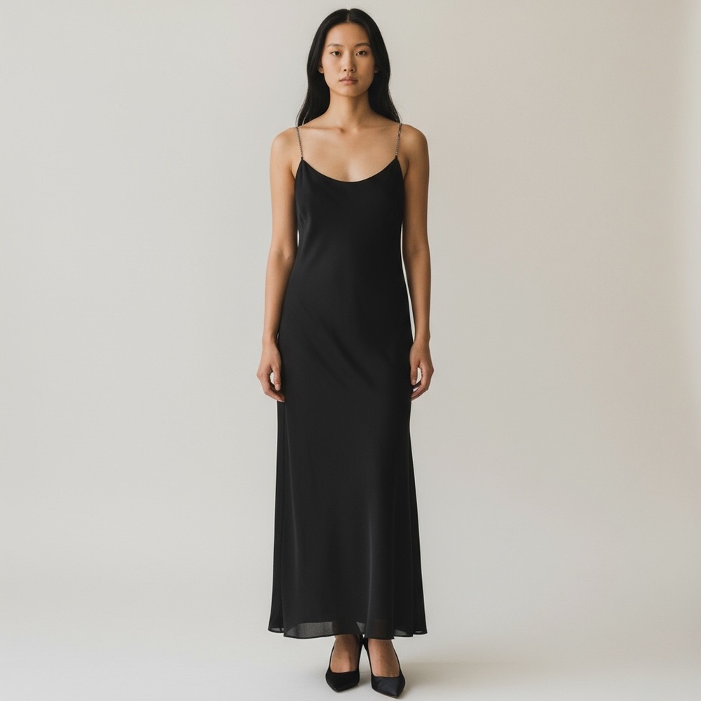 Scott McClintock 1980’s Black Evening Gown Jeweled Chain Spaghetti Straps Sz 14‎